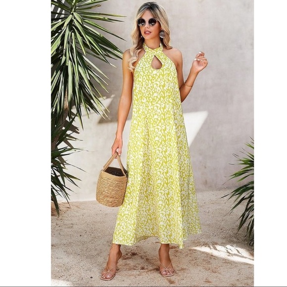 Yellow Green Leopard Print Halter Neck Maxi Dress - Picture 1 of 4
